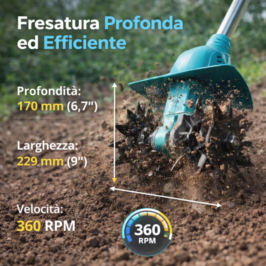 Motozappa Elettrica 48V Senza Fili  Potente, Leggera e Facile da Usare, 2 Batterie Incluse.