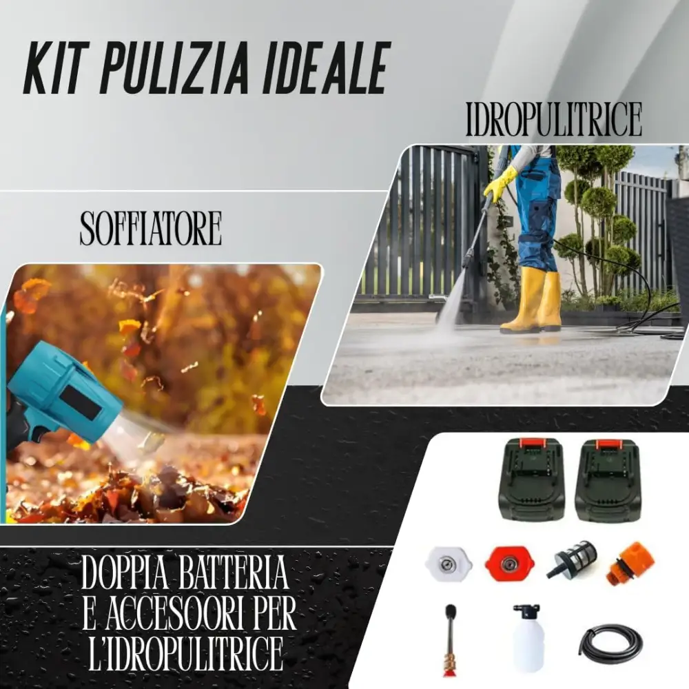 Idropulitrice a Batteria con Mini Soffiatore Incluso, Portatile, 2 Batterie 48V Intercambiabili per Pulizia Versatile e Senza Fili