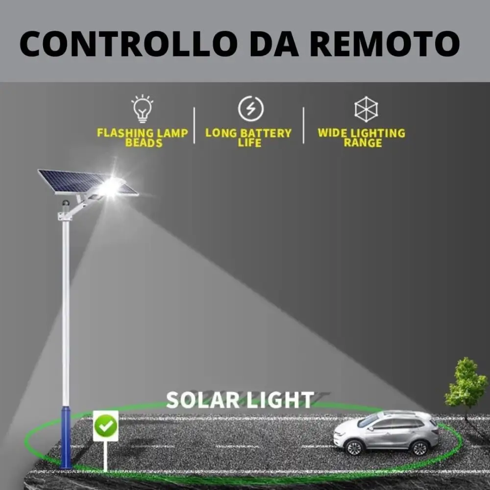 Lampione Solare esterno 400W con Pannello fotovoltaico, LED 6500K Bianco Freddo