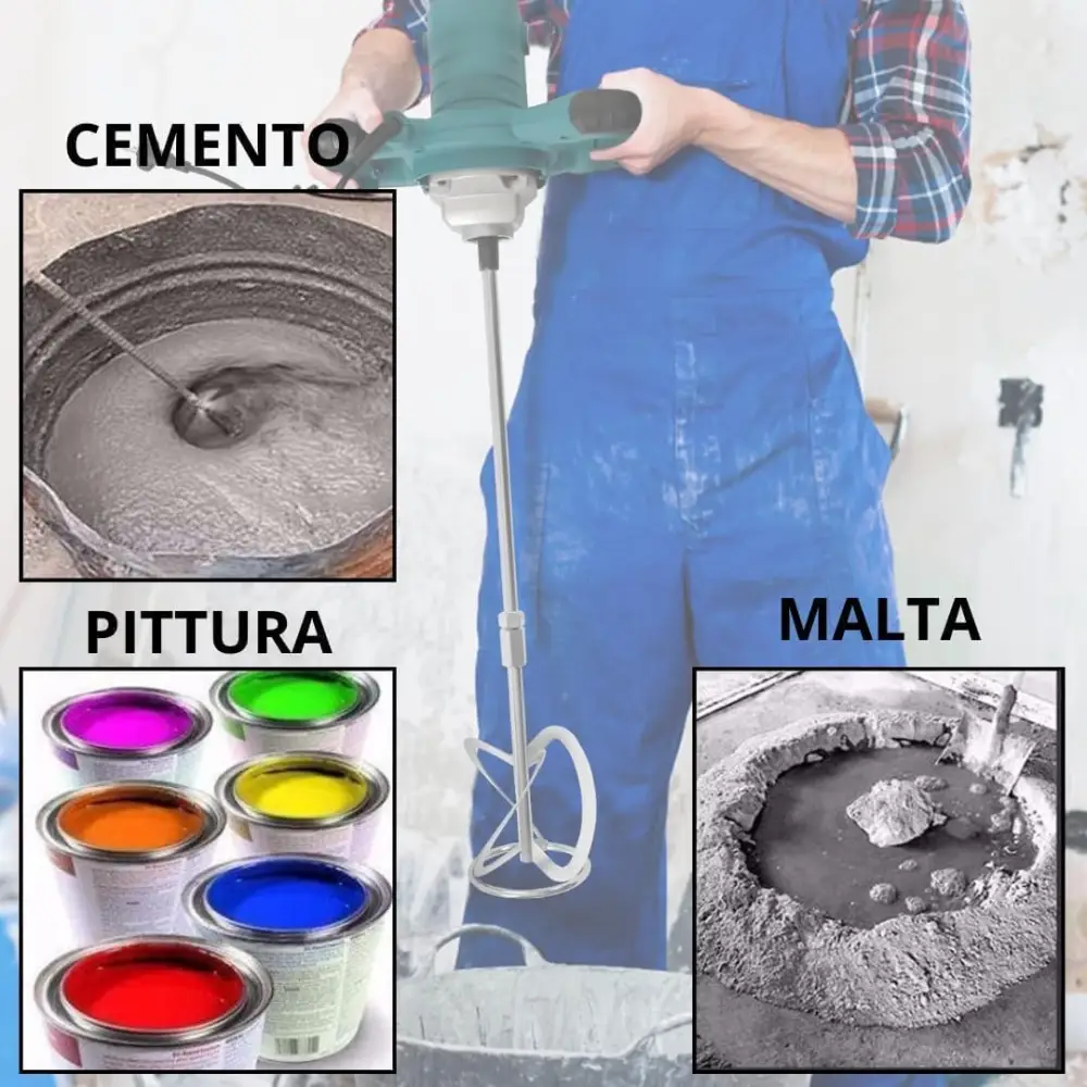 Miscelatore per Malta e Cemento 1600W con 6 Velocità e Attacco M14 + Livella Laser 4D a 16 Linee con Raggio Verde Autolivellante, Kit Professionale 2 in 1.