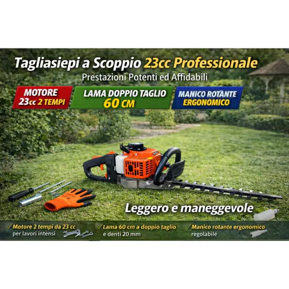 Tagliasiepi a Scoppio 23cc Professionale, Lama 60 cm, Manico Rotante, Leggero e Potente