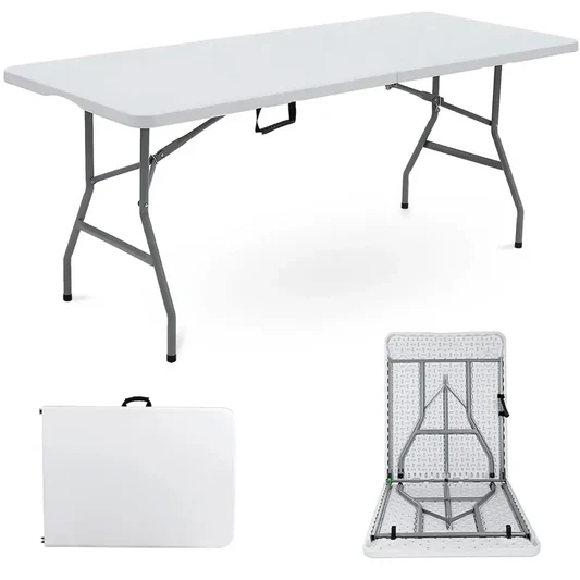 Tavolo Pieghevole Rettangolare, 180x75x74 cm in HDPE, Tavolo Valigetta Salvaspazio da Giardino, Campeggio, Picnic, Fiera e Mercato, Richiudibile in Dura Resina