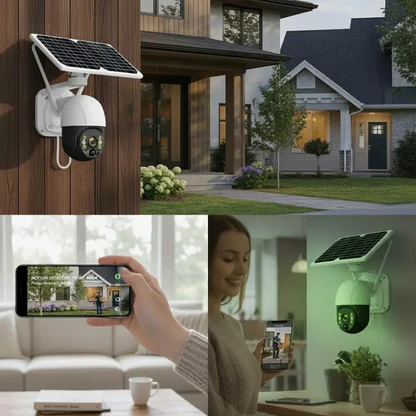 Telecamera Wifi Esterno Senza Fili con Pannello Solare, Videosorveglianza con Visione Notturna a Colori, Telecamera 2K Ptz 355°/90° con Audio Bidirezionale e Allarme