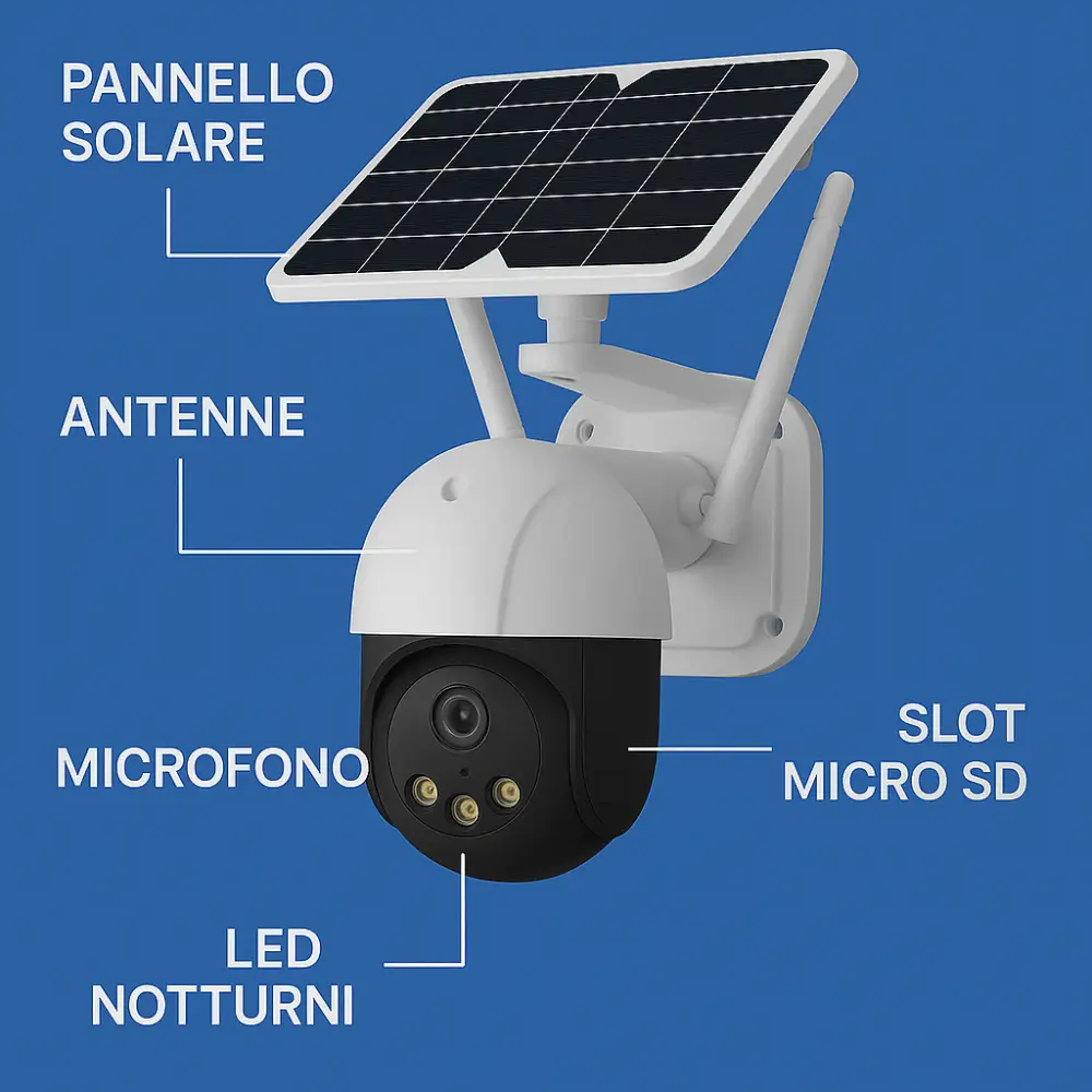 Telecamera Wifi Esterno Senza Fili con Pannello Solare, Videosorveglianza con Visione Notturna a Colori, Telecamera 2K Ptz 355°/90° con Audio Bidirezionale e Allarme