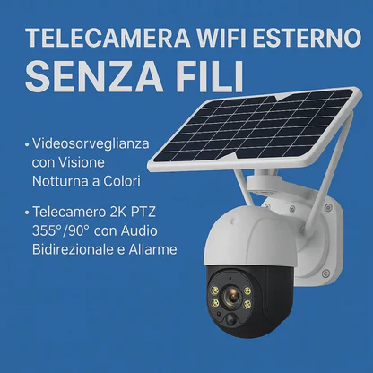 Telecamera Wifi Esterno Senza Fili con Pannello Solare, Videosorveglianza con Visione Notturna a Colori, Telecamera 2K Ptz 355°/90° con Audio Bidirezionale e Allarme