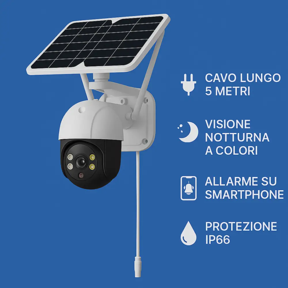 Telecamera Wifi Esterno Senza Fili con Pannello Solare, Videosorveglianza con Visione Notturna a Colori, Telecamera 2K Ptz 355°/90° con Audio Bidirezionale e Allarme