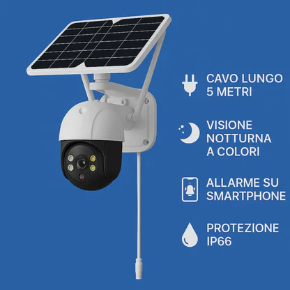 Telecamera Wifi Esterno Senza Fili con Pannello Solare, Videosorveglianza con Visione Notturna a Colori, Telecamera 2K Ptz 355°/90° con Audio Bidirezionale e Allarme
