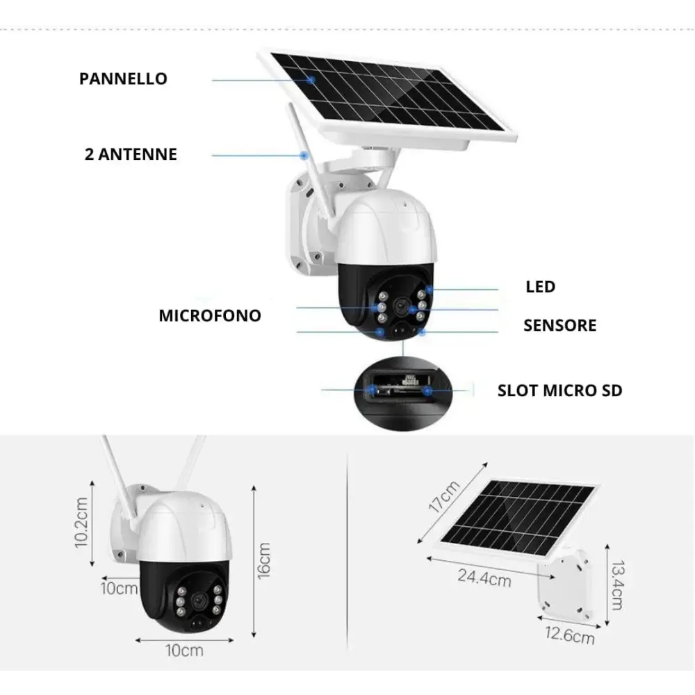 Telecamera Wifi Esterno Senza Fili con Pannello Solare, Videosorveglianza con Visione Notturna a Colori, Telecamera 2K Ptz 355°/90° con Audio Bidirezionale e Allarme