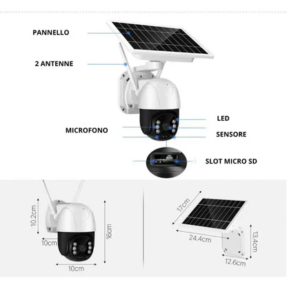 Telecamera Wifi Esterno Senza Fili con Pannello Solare, Videosorveglianza con Visione Notturna a Colori, Telecamera 2K Ptz 355°/90° con Audio Bidirezionale e Allarme